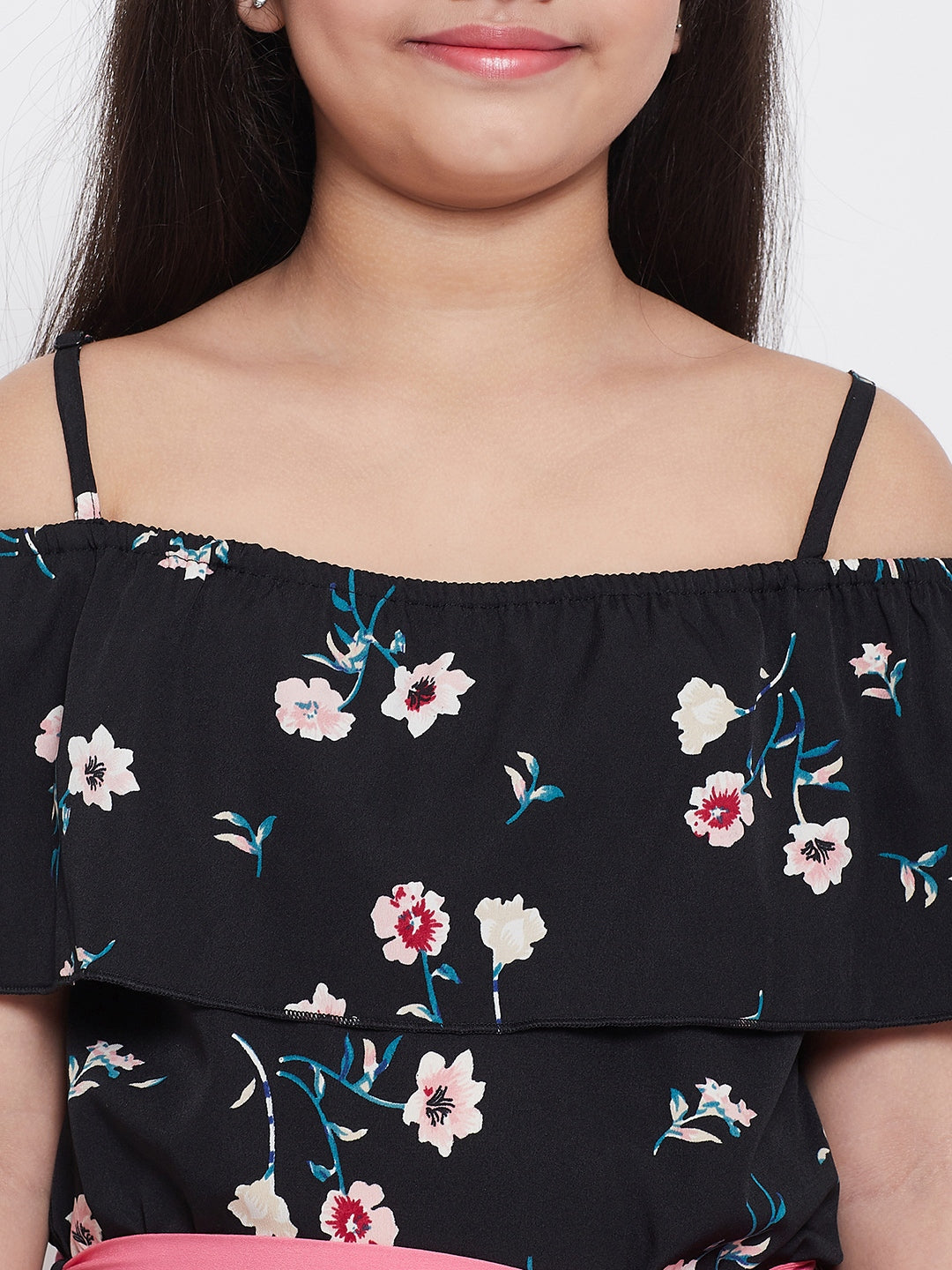 Girls Ankle Length Printed Jumpsuit - Black