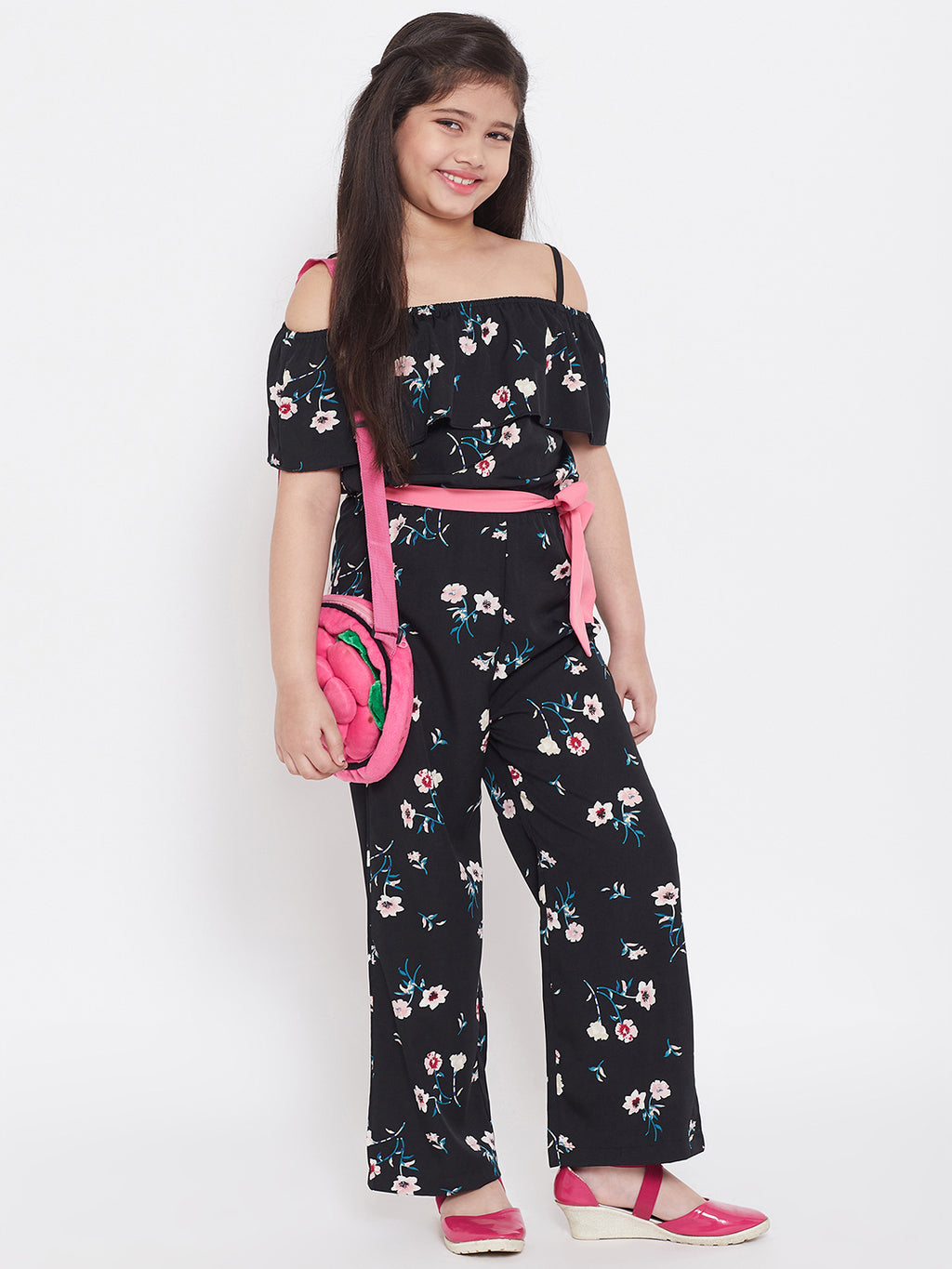 Girls Ankle Length Printed Jumpsuit - Black