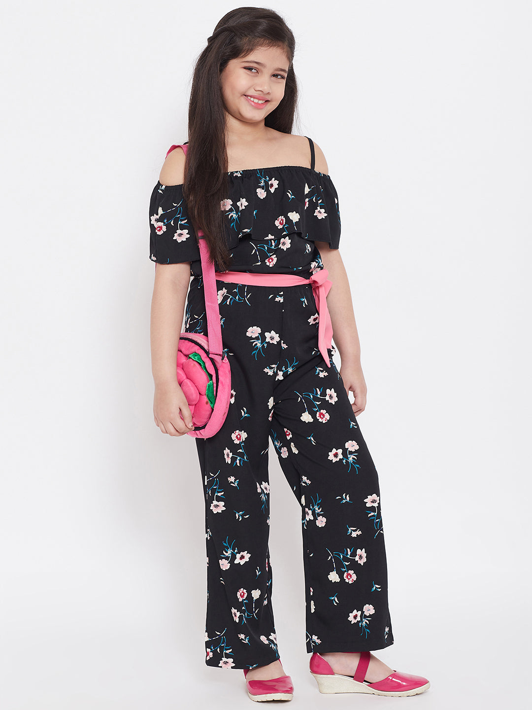 Girls Ankle Length Printed Jumpsuit - Black