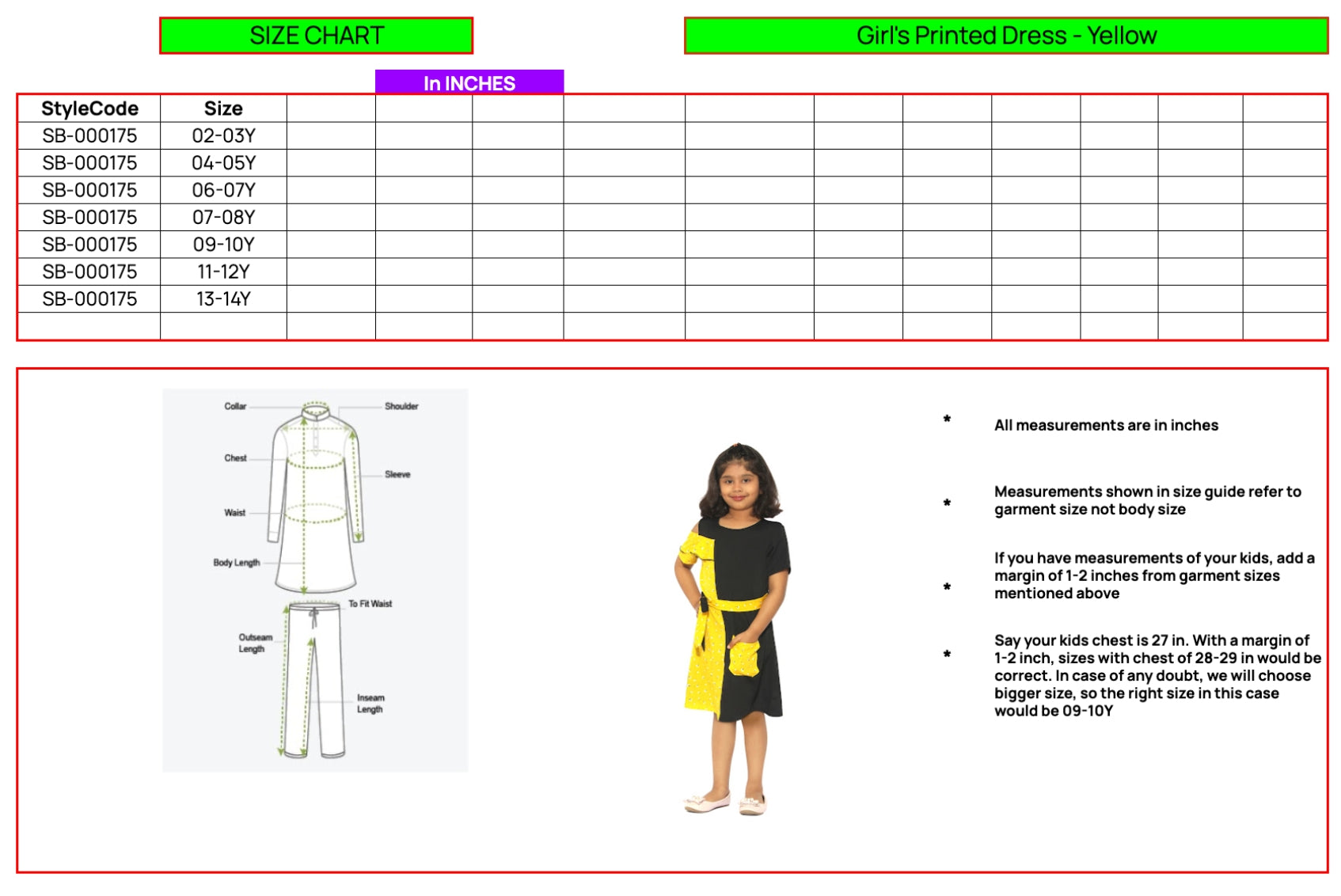 Girls Knee Length Printed Dress - Green