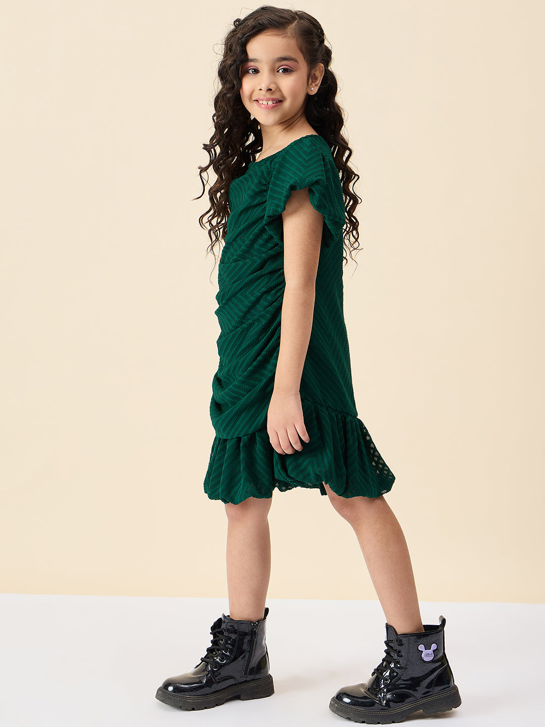 Girls Knee Length Solid Dress - Green