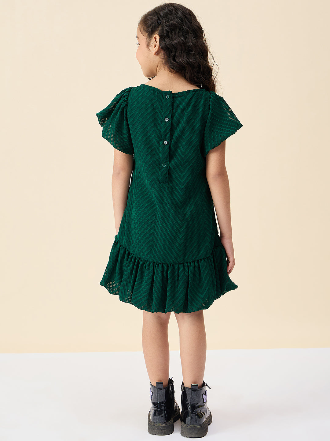 Girls Knee Length Solid Dress - Green