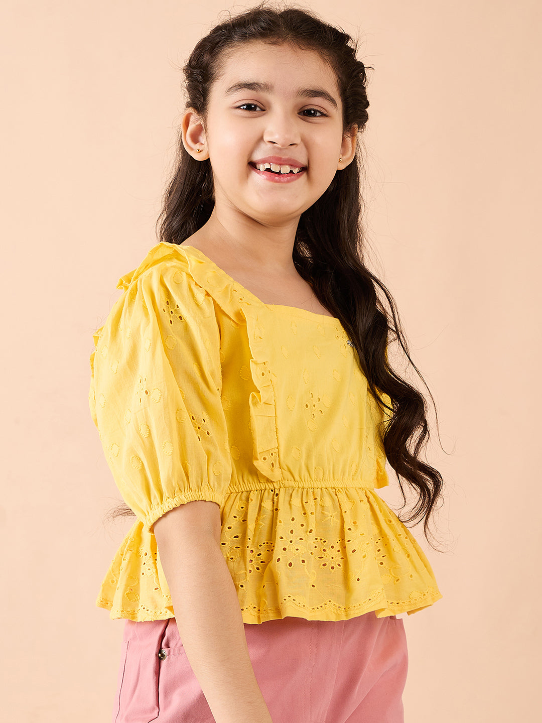 Girls Waist Length Solid Top - Yellow