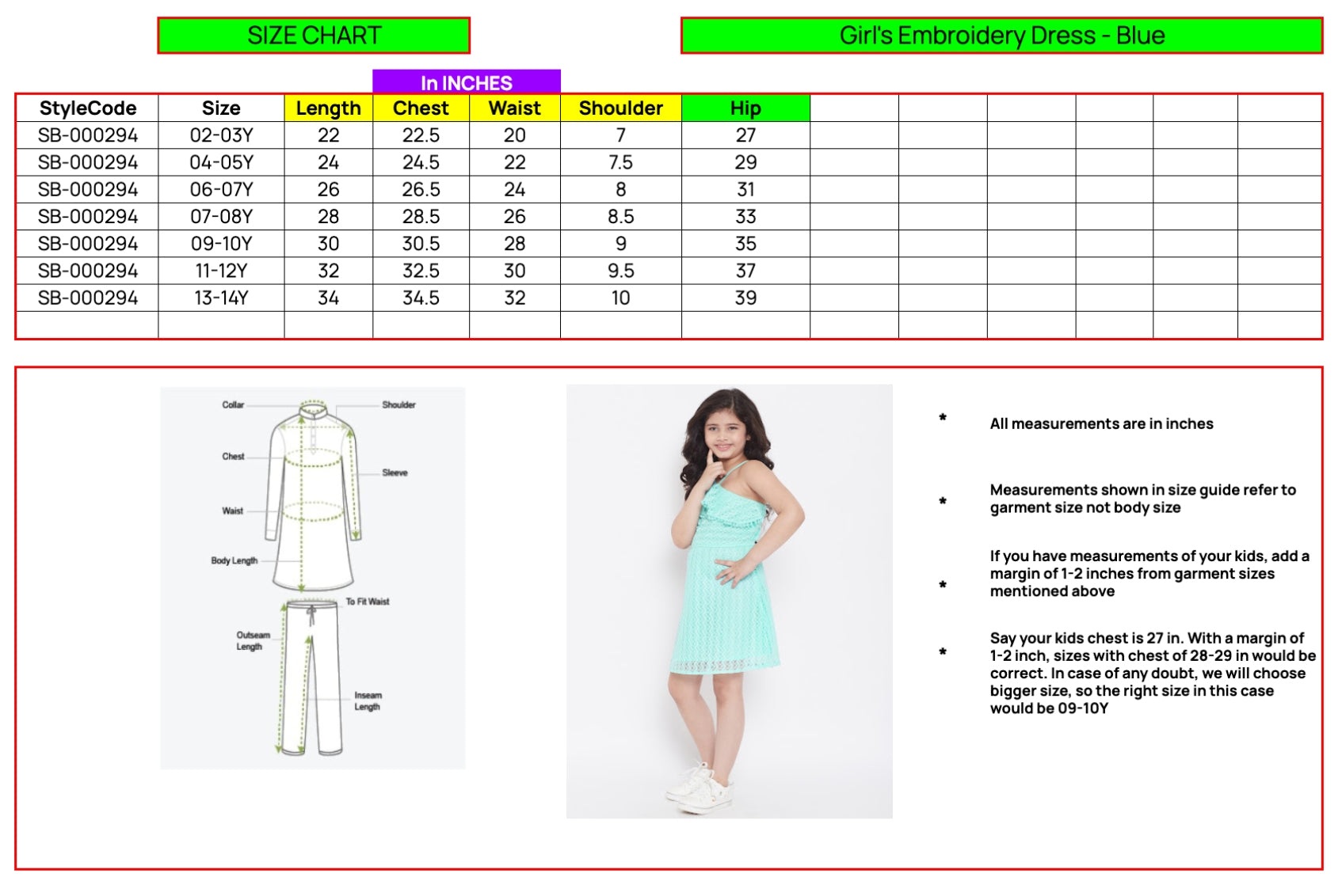 Girls Above Knee Embroidery Dress - Green