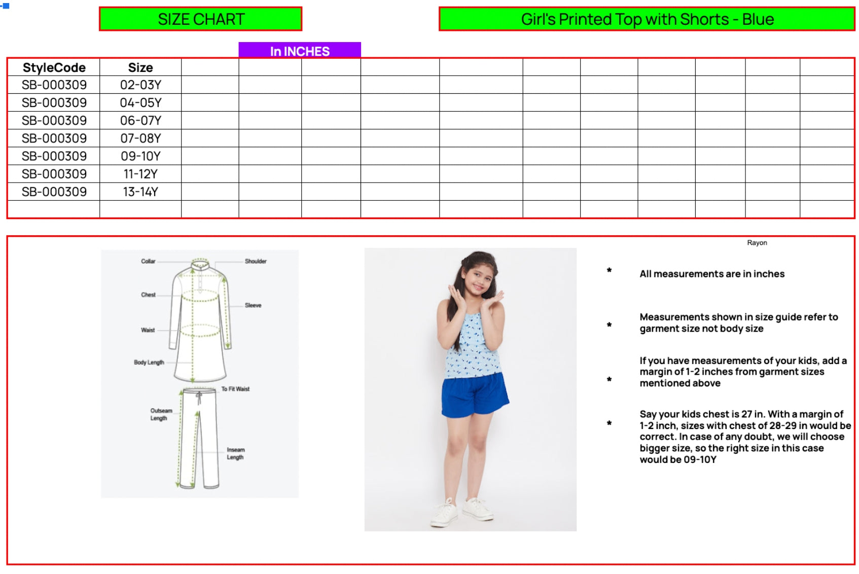 Girls Above Knee Printed Top with Shorts - Green