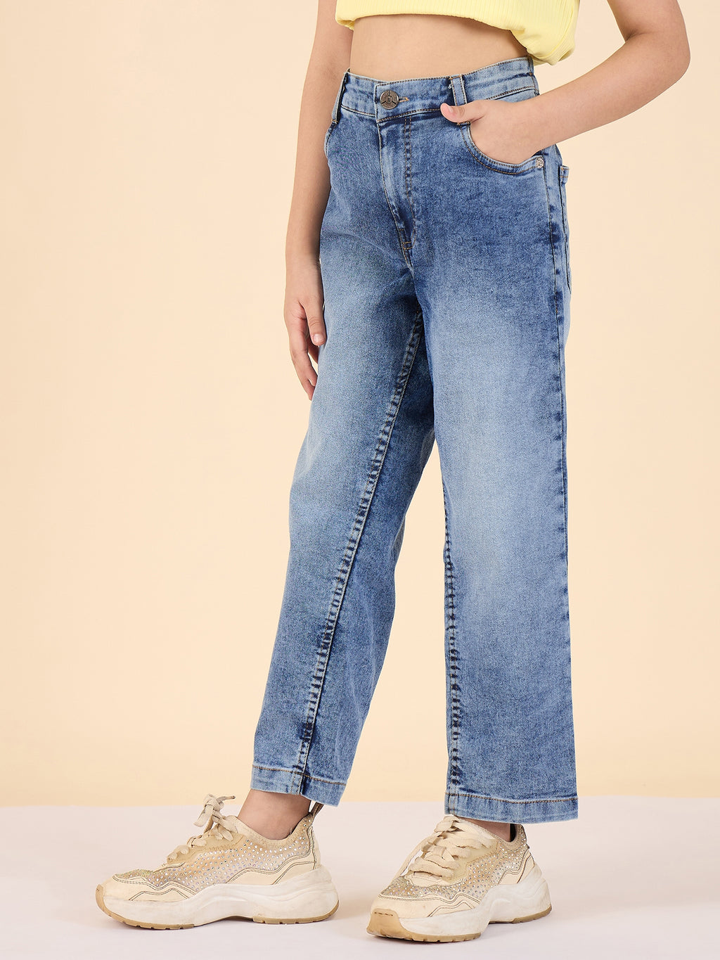 Girls Ankle Length Solid Jeans - Blue