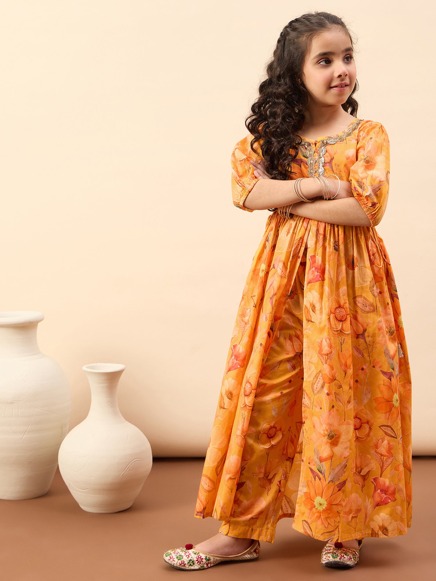 Girls Ankle Length All over Print Kurti Set - Mustard