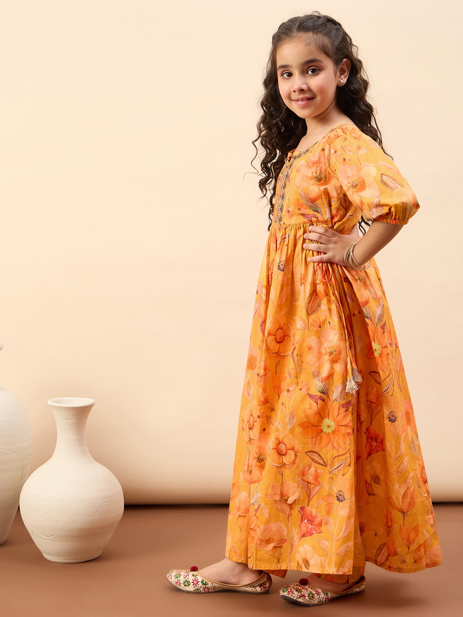 Girls Ankle Length All over Print Kurti Set - Mustard
