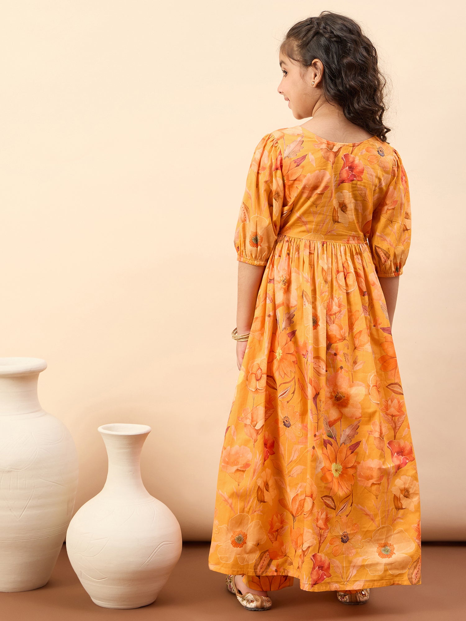 Girls Ankle Length All over Print Kurti Set - Mustard