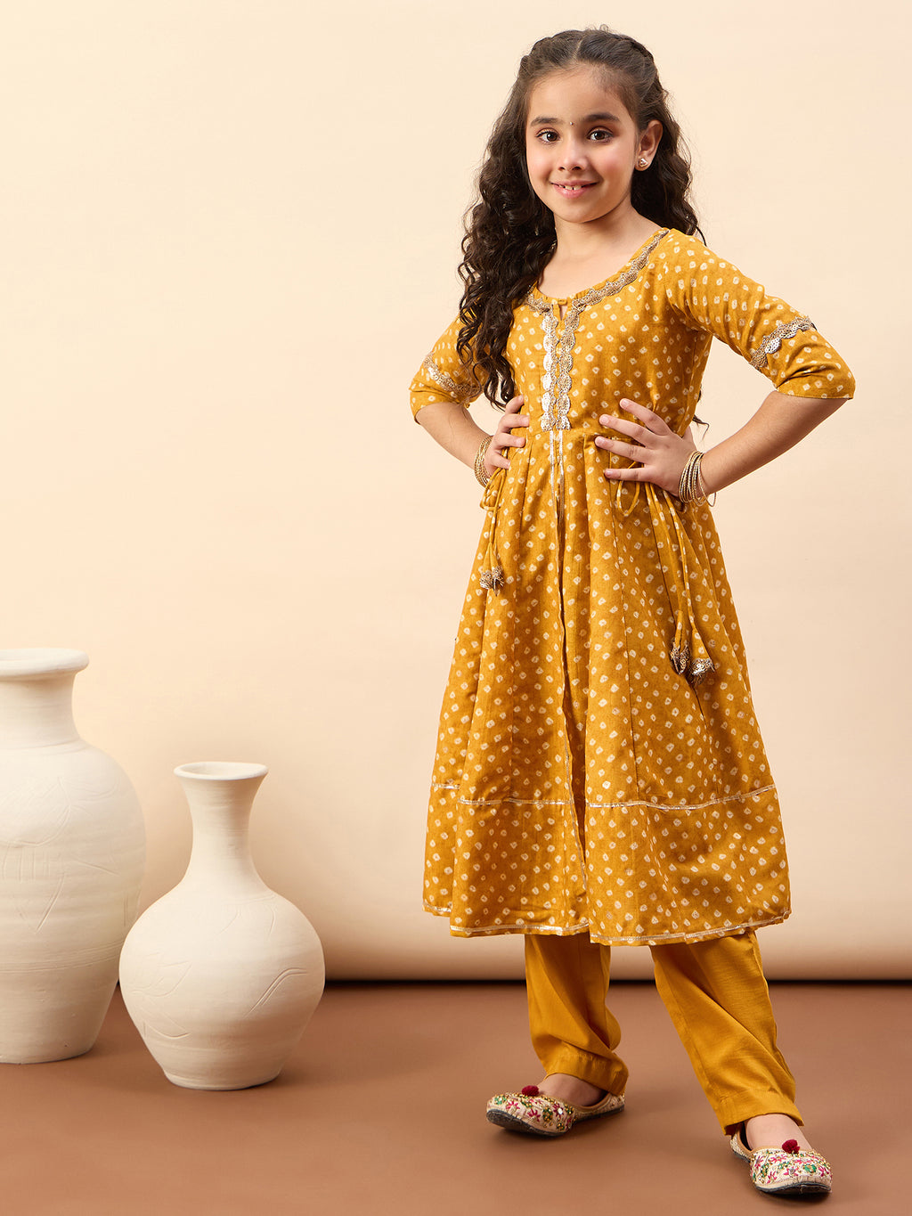 Girls Ankle Length All over Print Kurti Set - Yellow