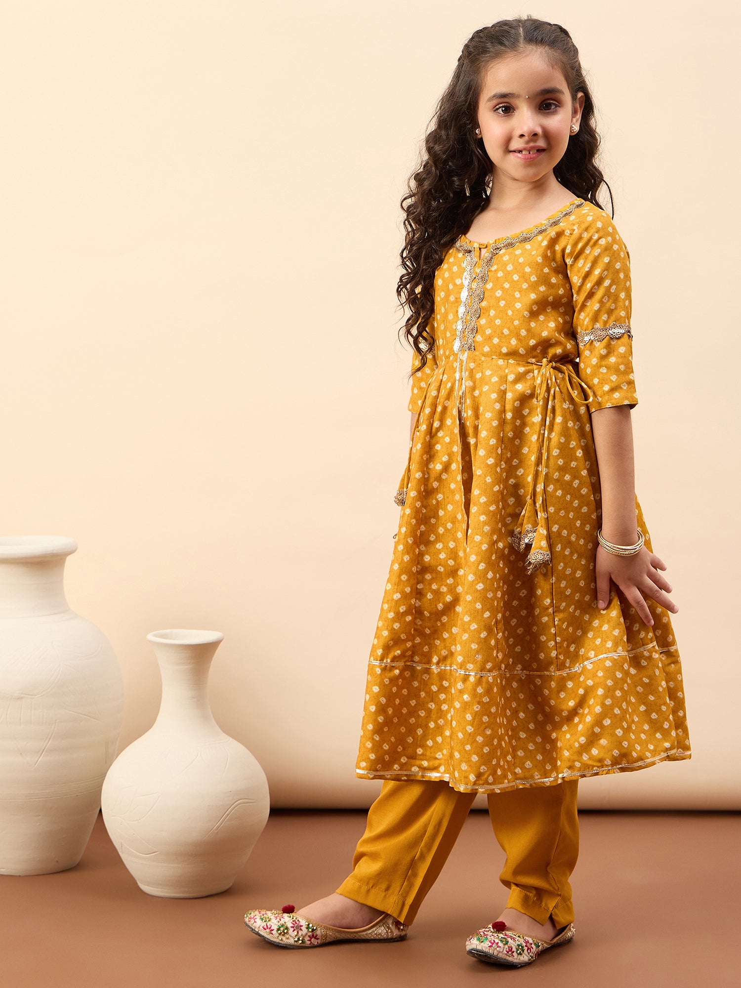 Girls Ankle Length All over Print Kurti Set - Yellow