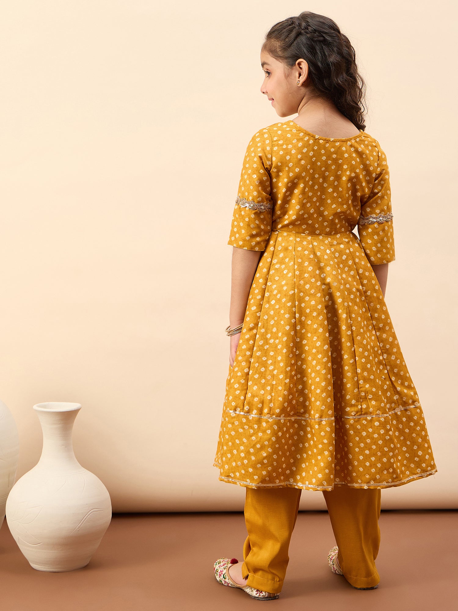 Girls Ankle Length All over Print Kurti Set - Yellow