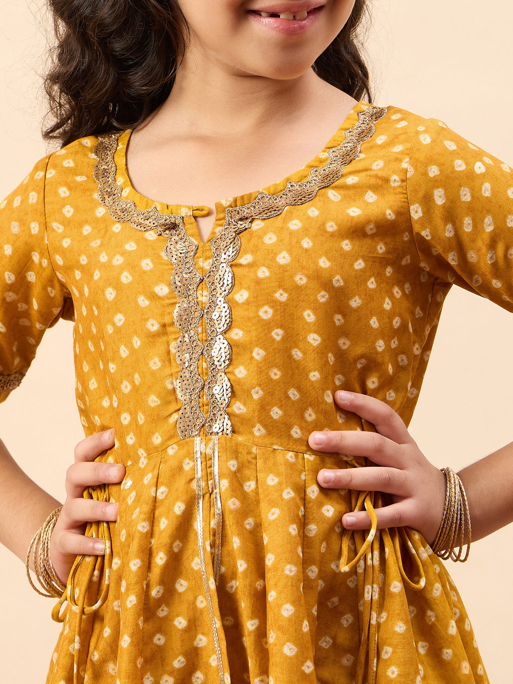 Girls Ankle Length All over Print Kurti Set - Yellow