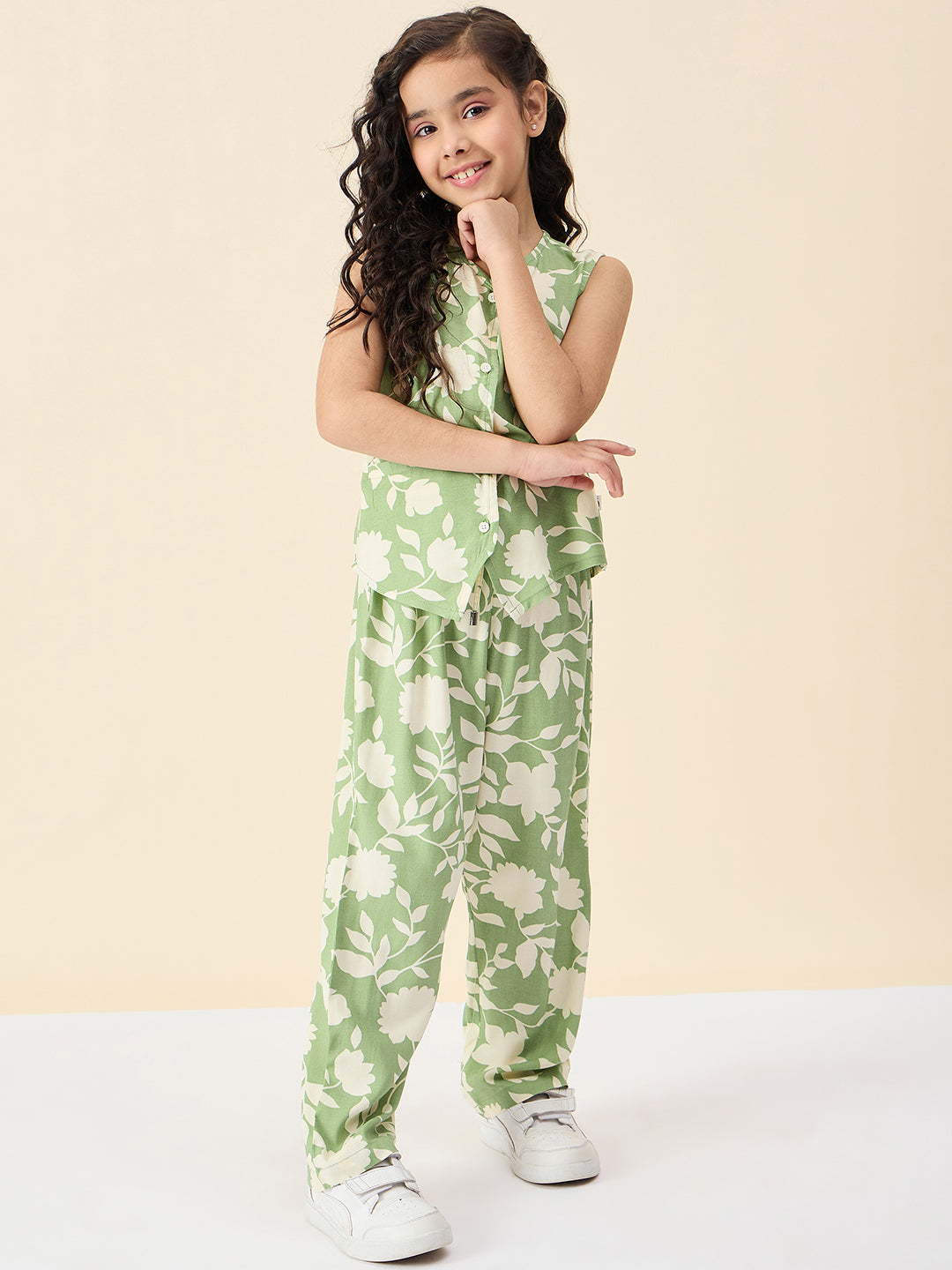 Girls Ankle Length All over Print Top With Pants - Green
