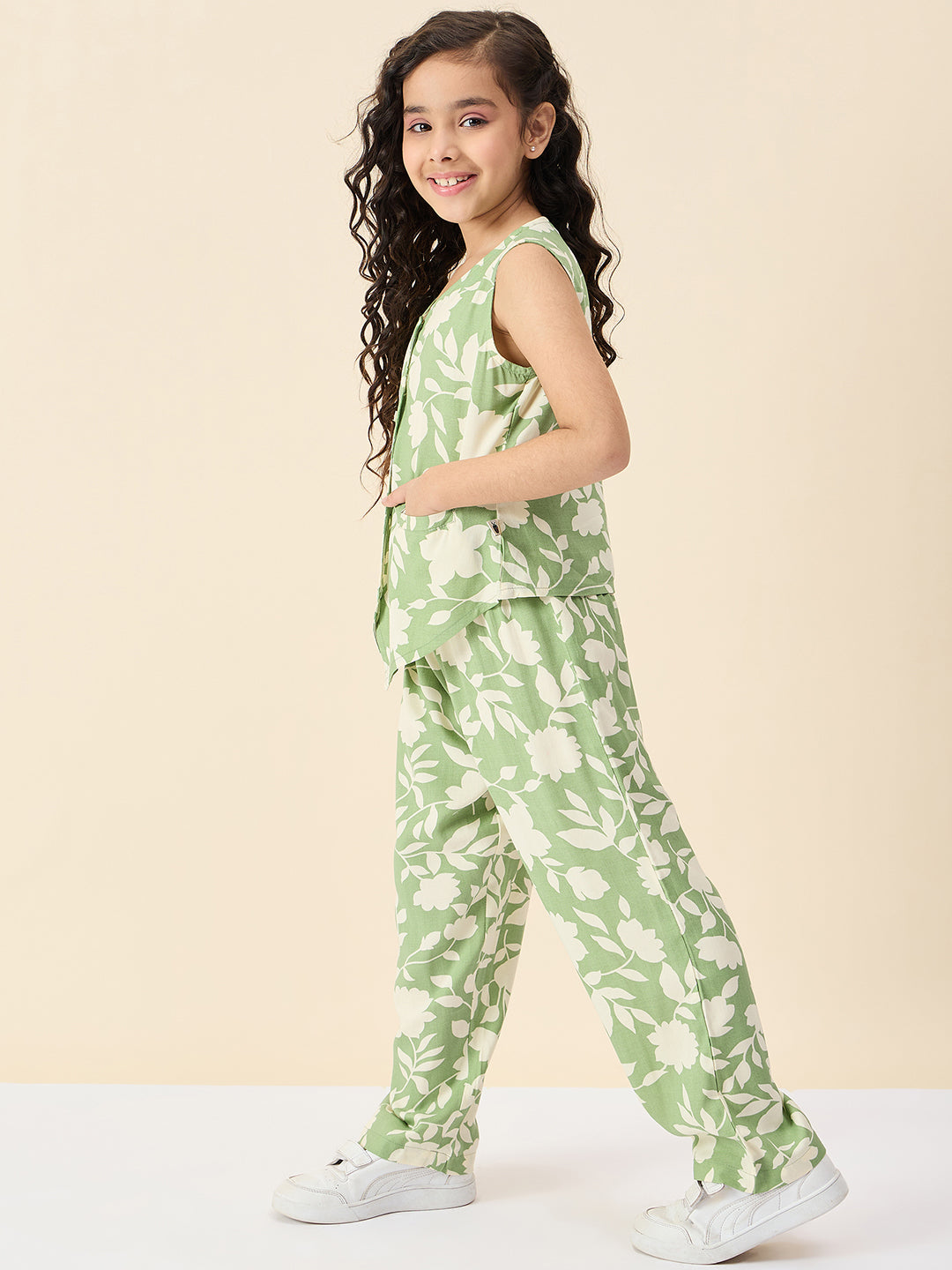 Girls Ankle Length All over Print Top With Pants - Green