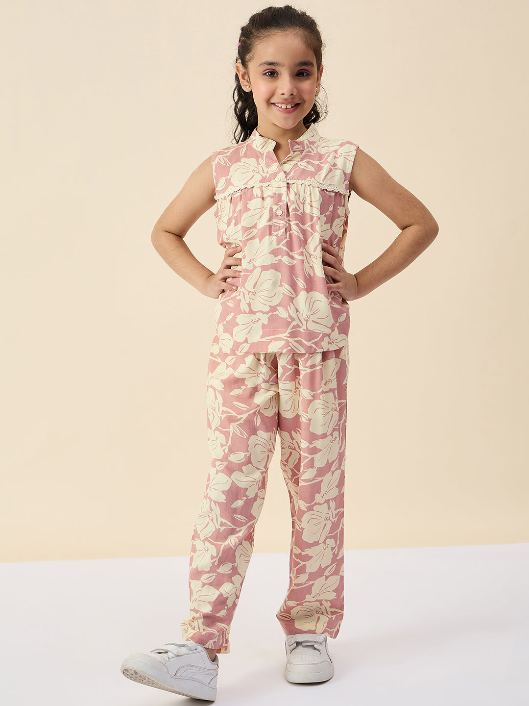 Girls Ankle Length All over Print Top With Pants - Peach