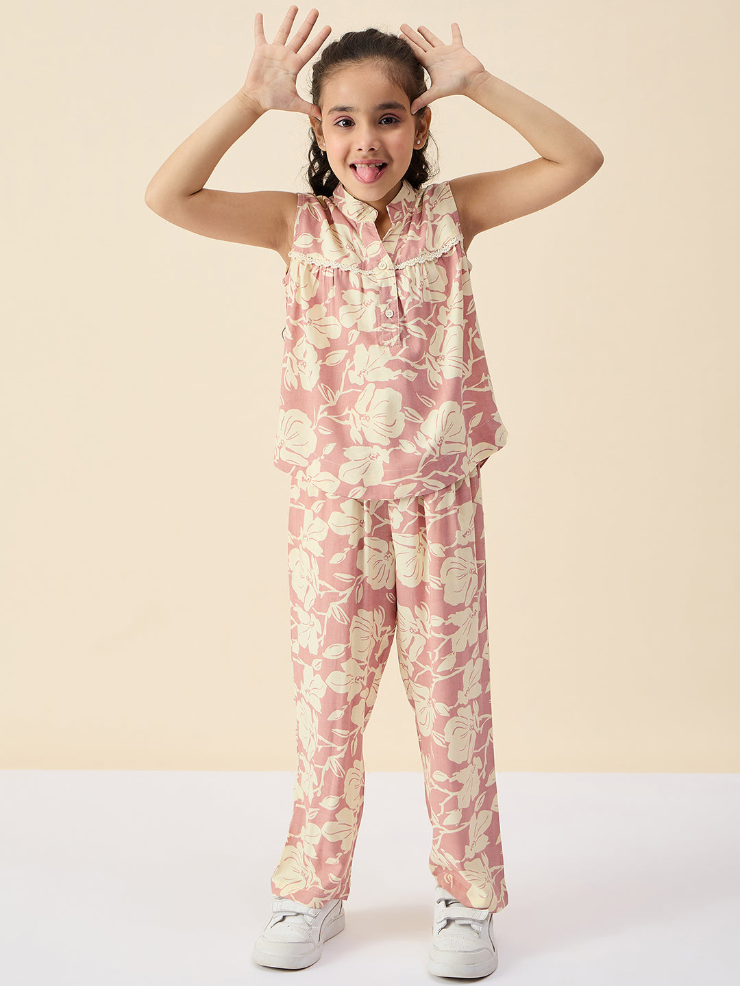 Girls Ankle Length All over Print Top With Pants - Peach