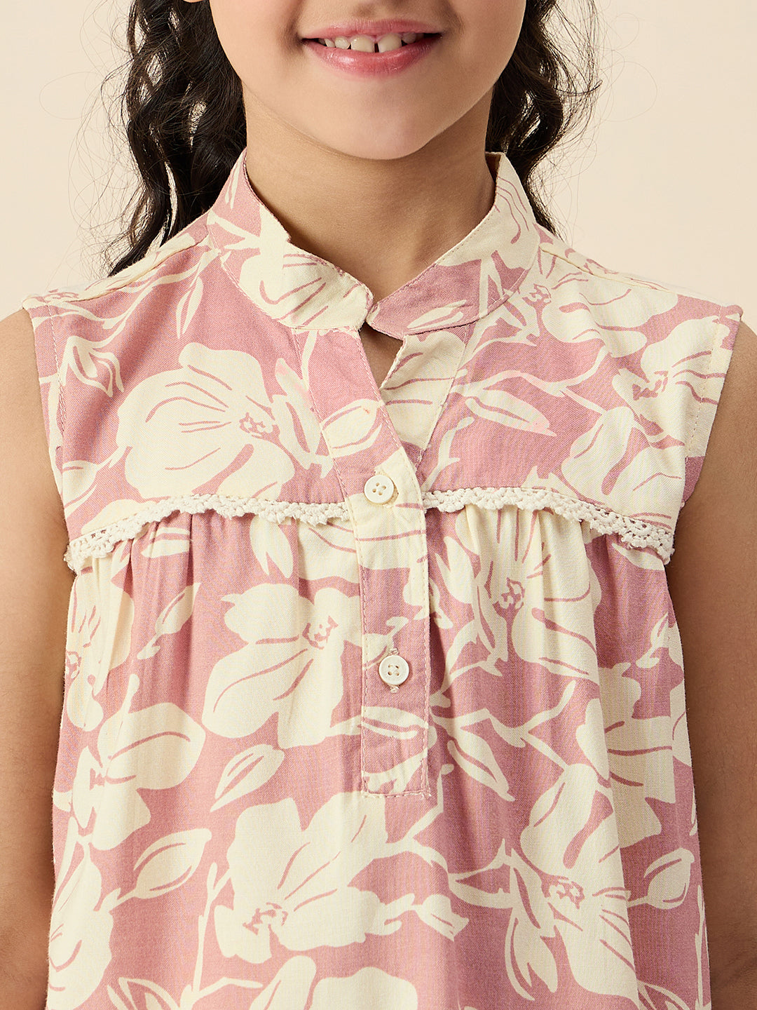 Girls Ankle Length All over Print Top With Pants - Peach