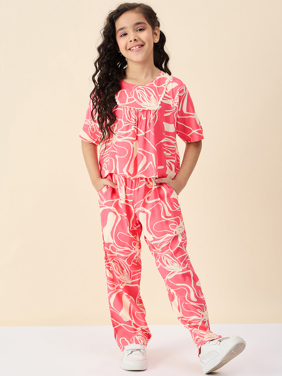 Girls Ankle Length All over Print Top With Pants - Pink