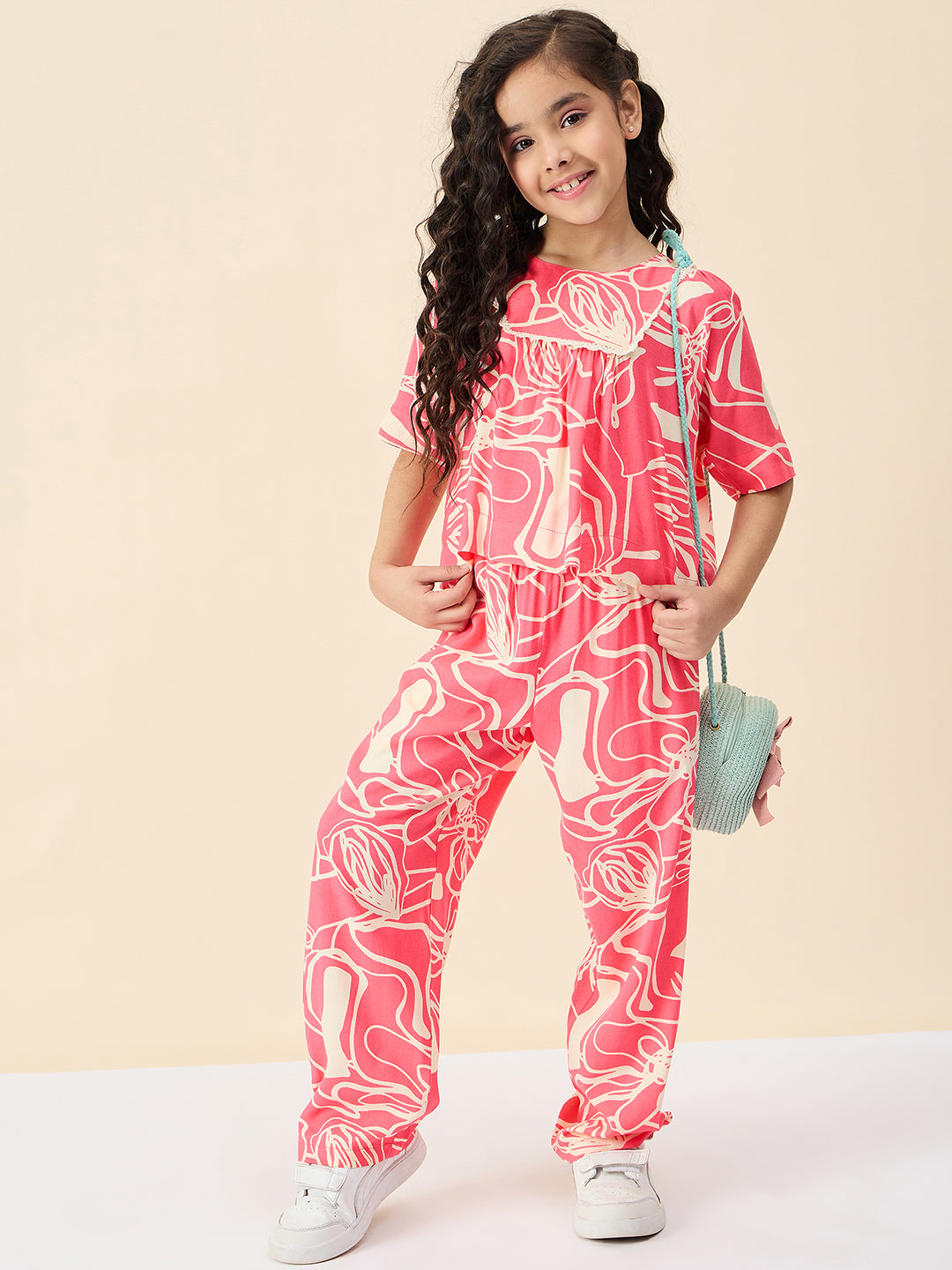 Girls Ankle Length All over Print Top With Pants - Pink