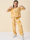 Girls Ankle Length All over Print Top With Pants - Mustard