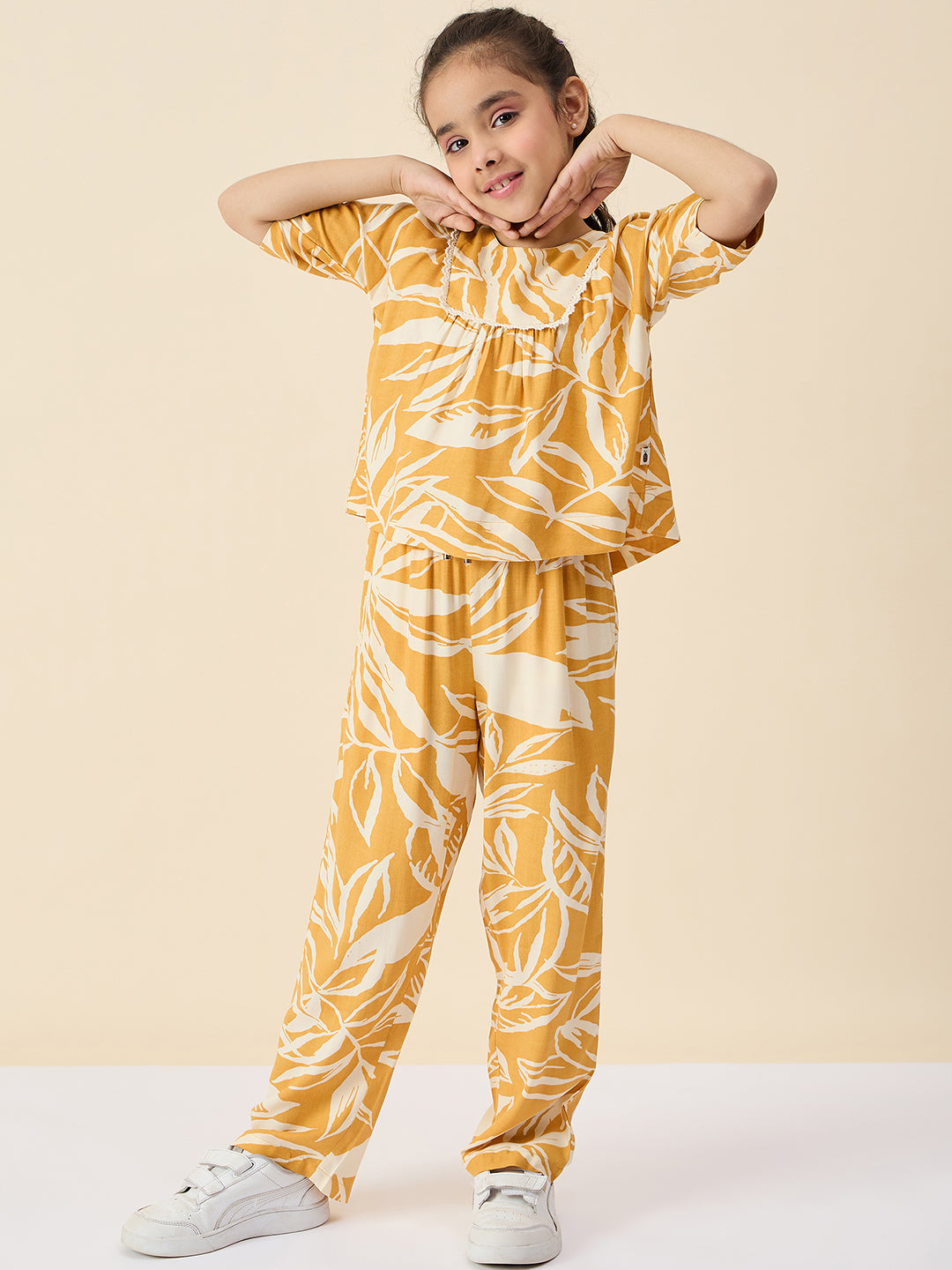 Girls Ankle Length All over Print Top With Pants - Mustard