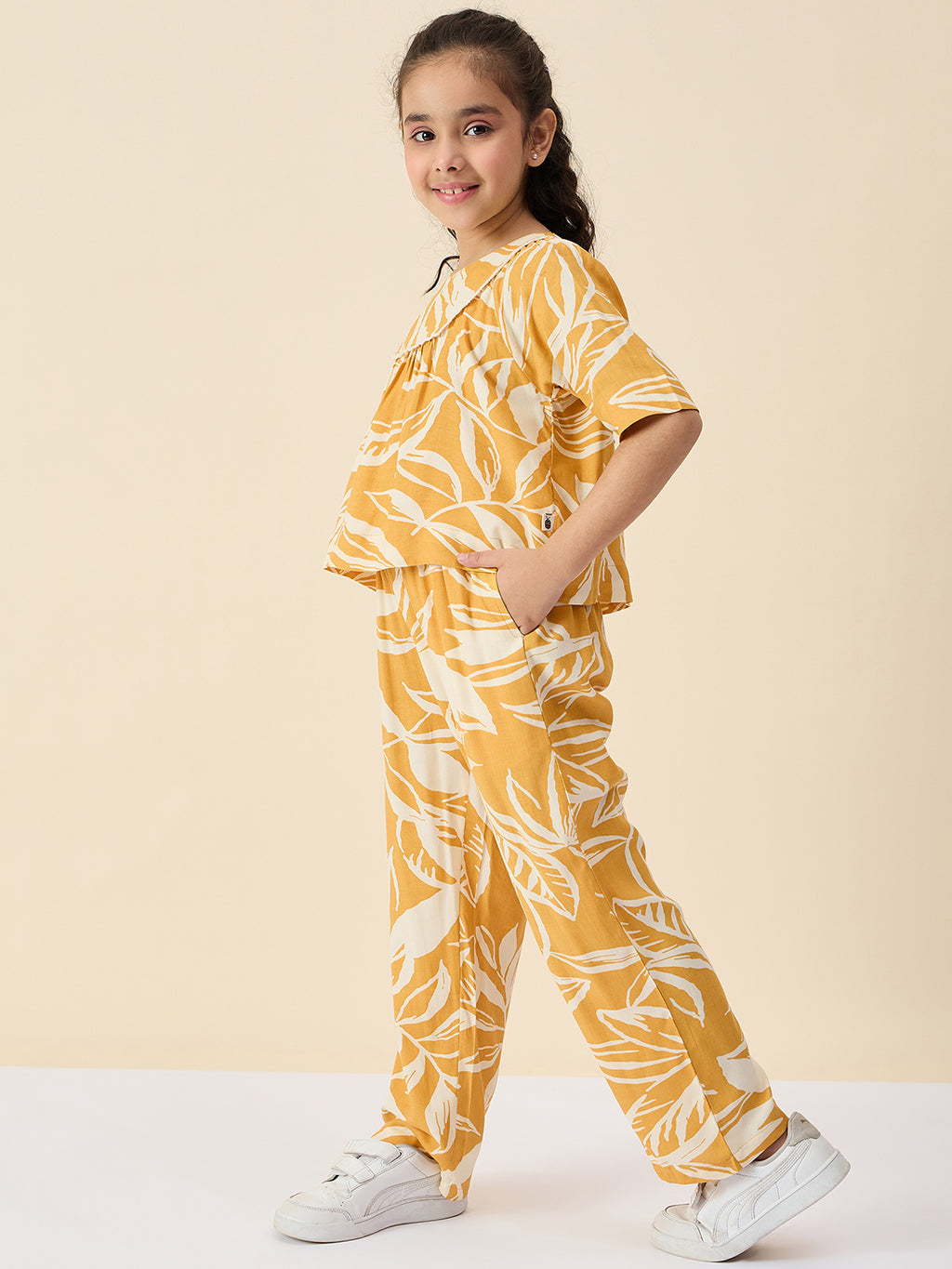 Girls Ankle Length All over Print Top With Pants - Mustard