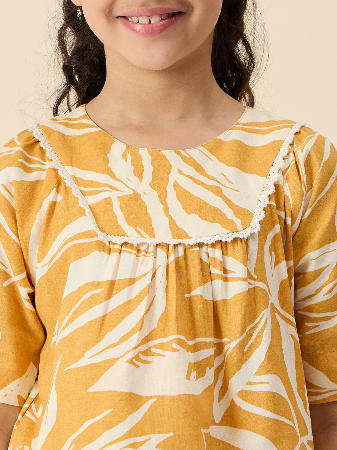 Girls Ankle Length All over Print Top With Pants - Mustard
