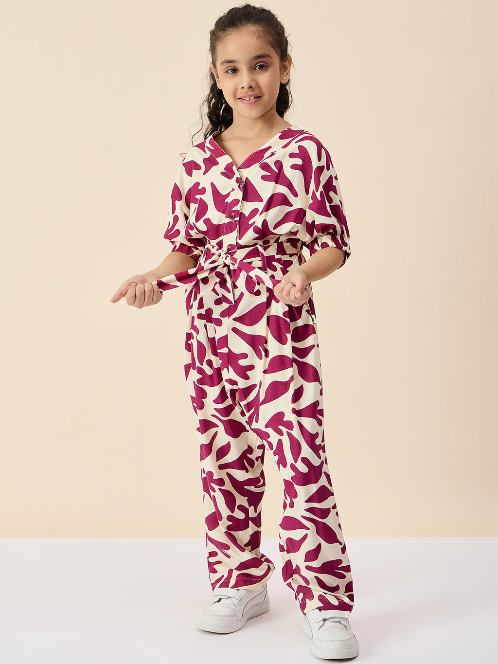Girls Ankle Length All over Print Jumpsuit - Maroon