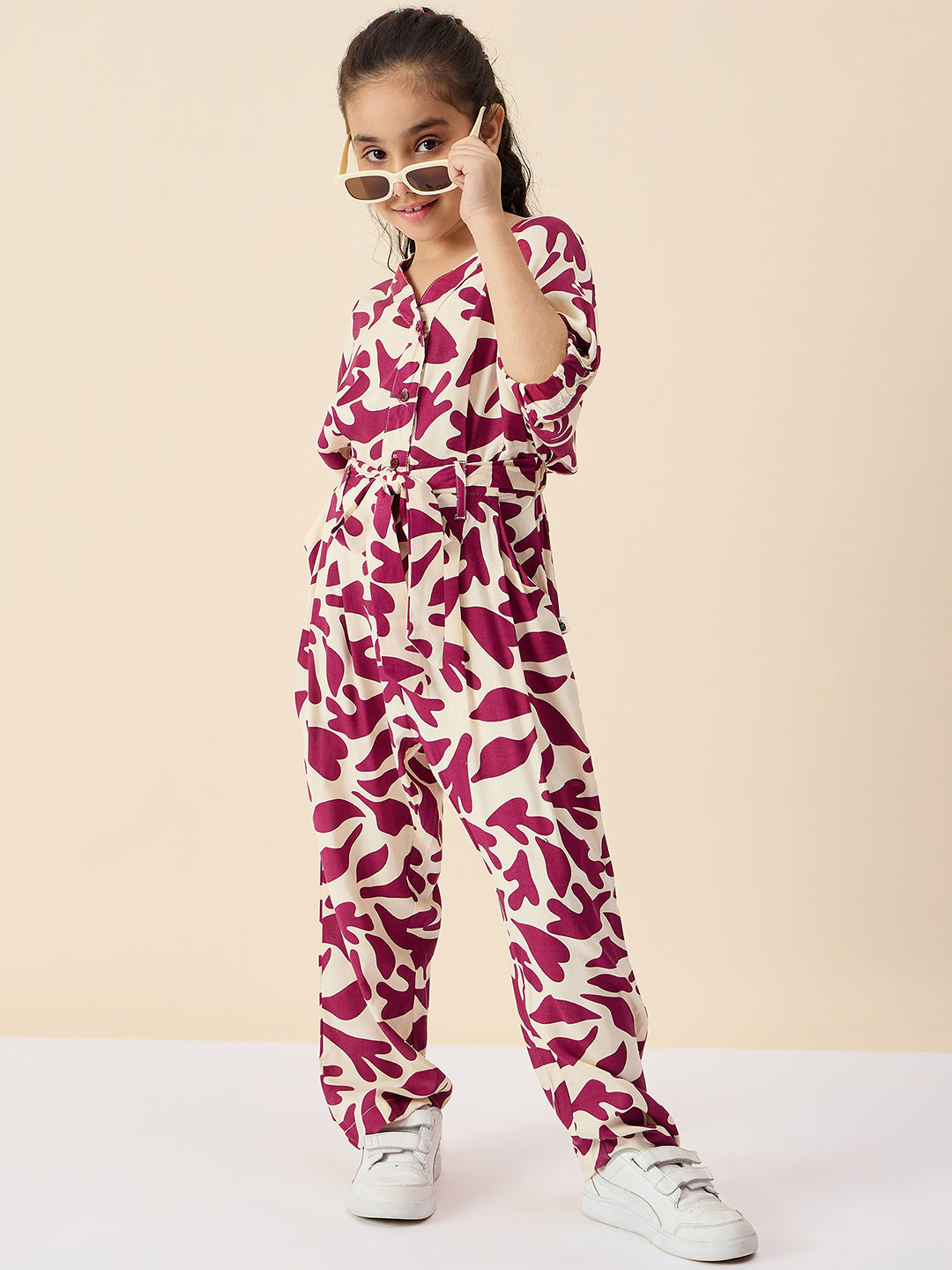 Girls Ankle Length All over Print Jumpsuit - Maroon