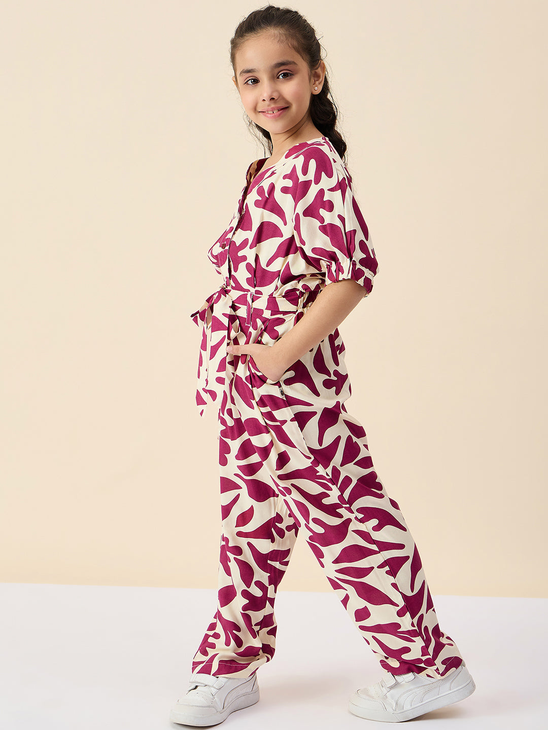 Girls Ankle Length All over Print Jumpsuit - Maroon