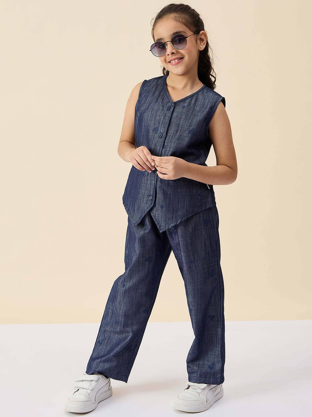 Girls Ankle Length Embroidery Top With Pants - Blue