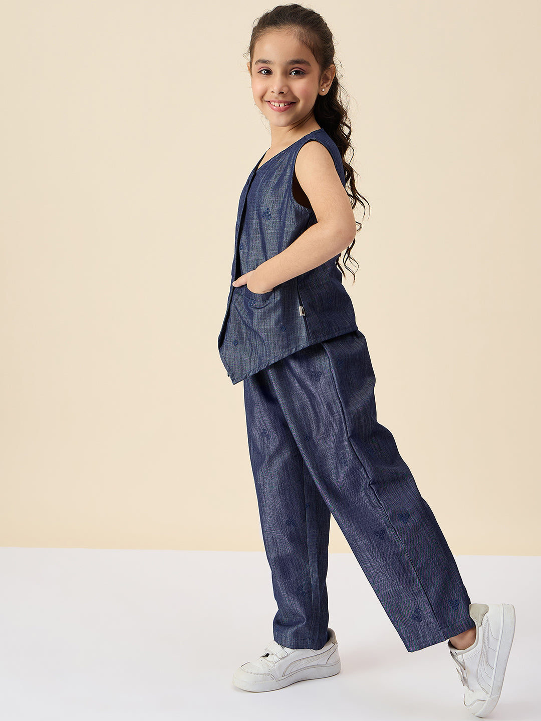 Girls Ankle Length Embroidery Top With Pants - Blue