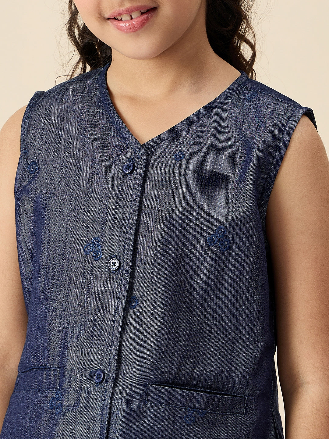 Girls Ankle Length Embroidery Top With Pants - Blue