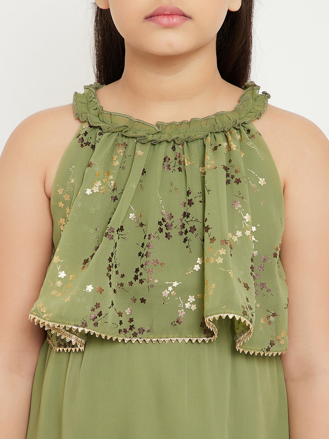 Girls Knee Length Printed Dress - Green