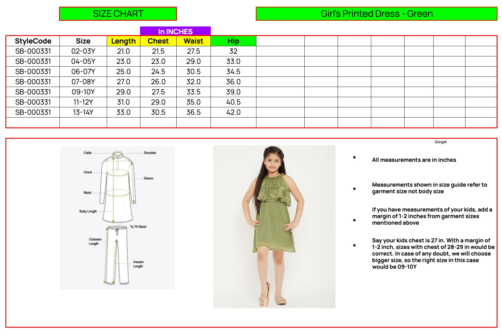 Girls Knee Length Printed Dress - Green