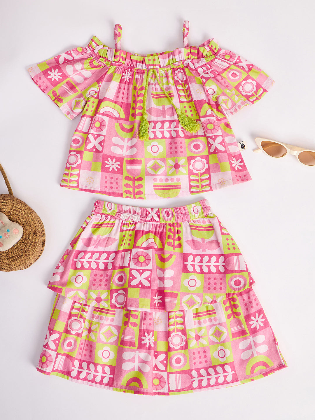 Girls Above Knee All over Print Top with Skirt - Multi