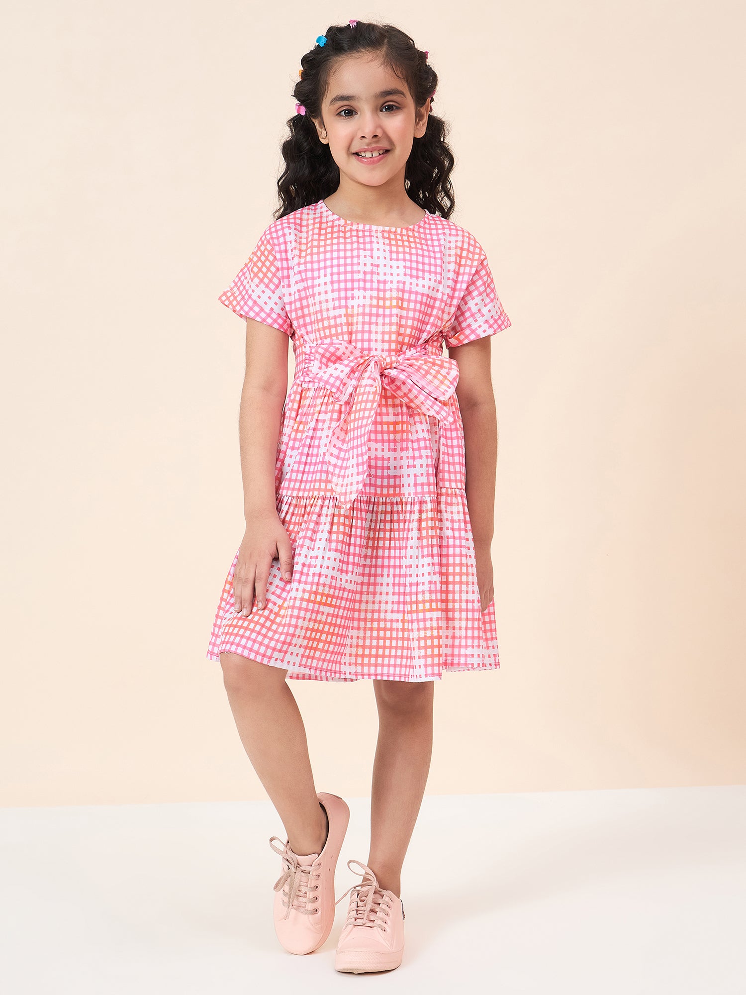 Girls Knee Length All over Print Dress - Pink