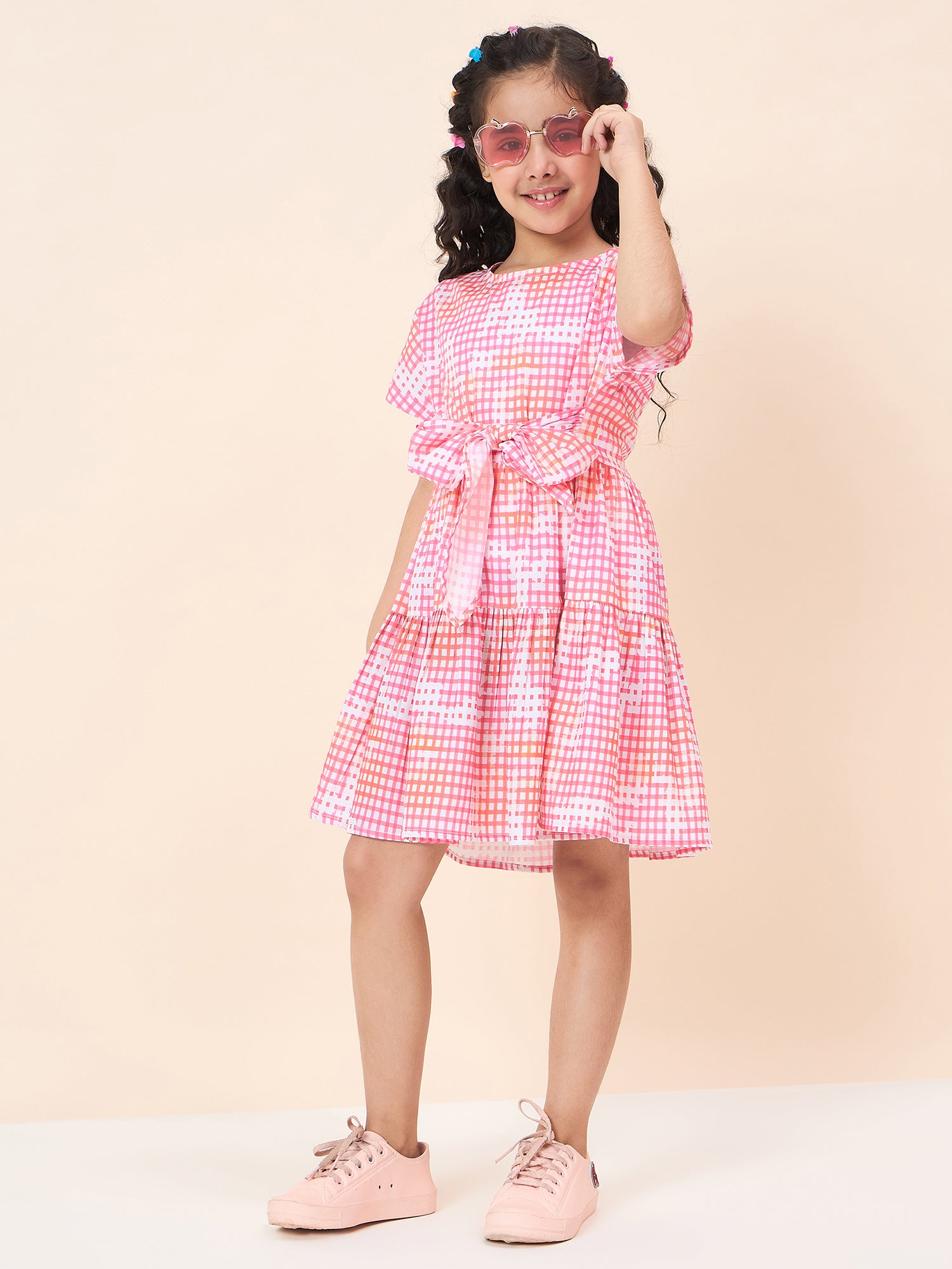 Girls Knee Length All over Print Dress - Pink