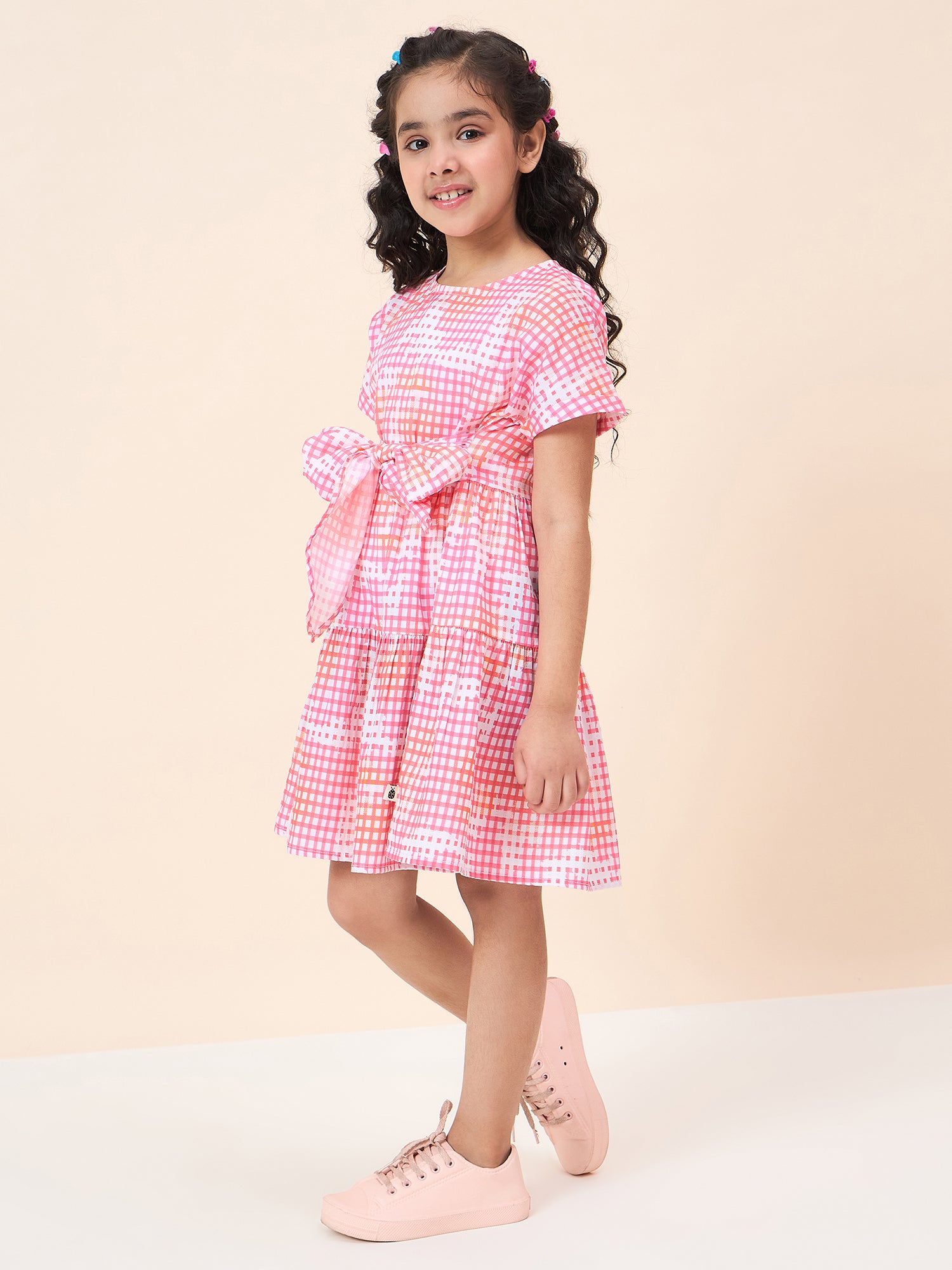 Girls Knee Length All over Print Dress - Pink