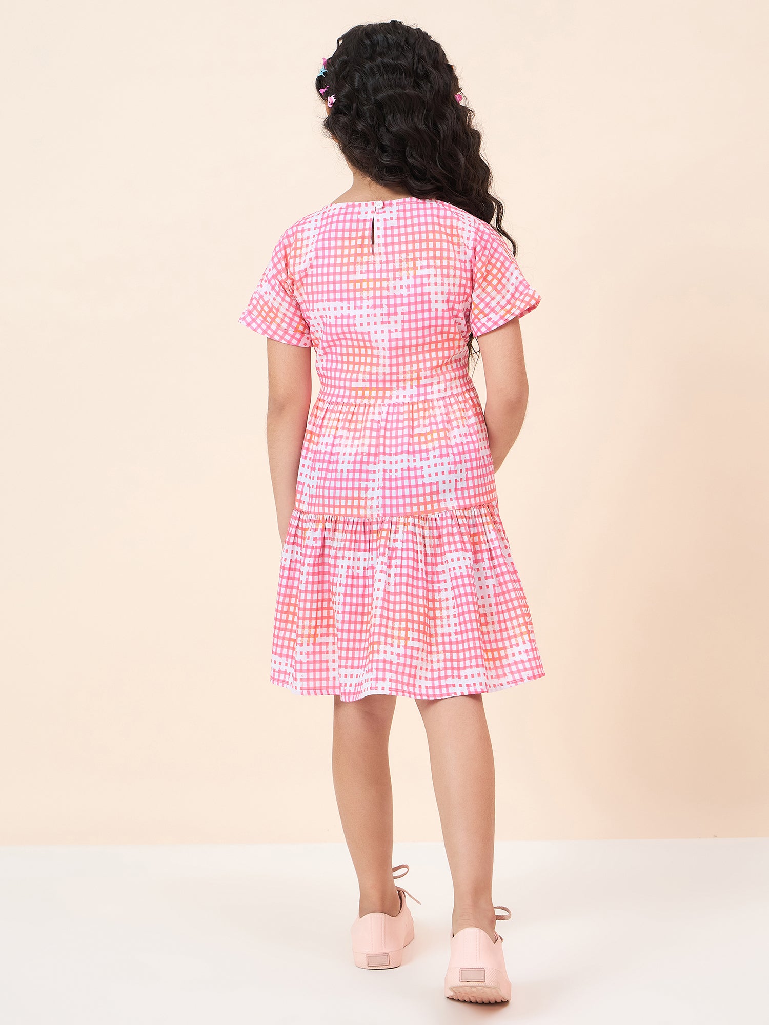 Girls Knee Length All over Print Dress - Pink