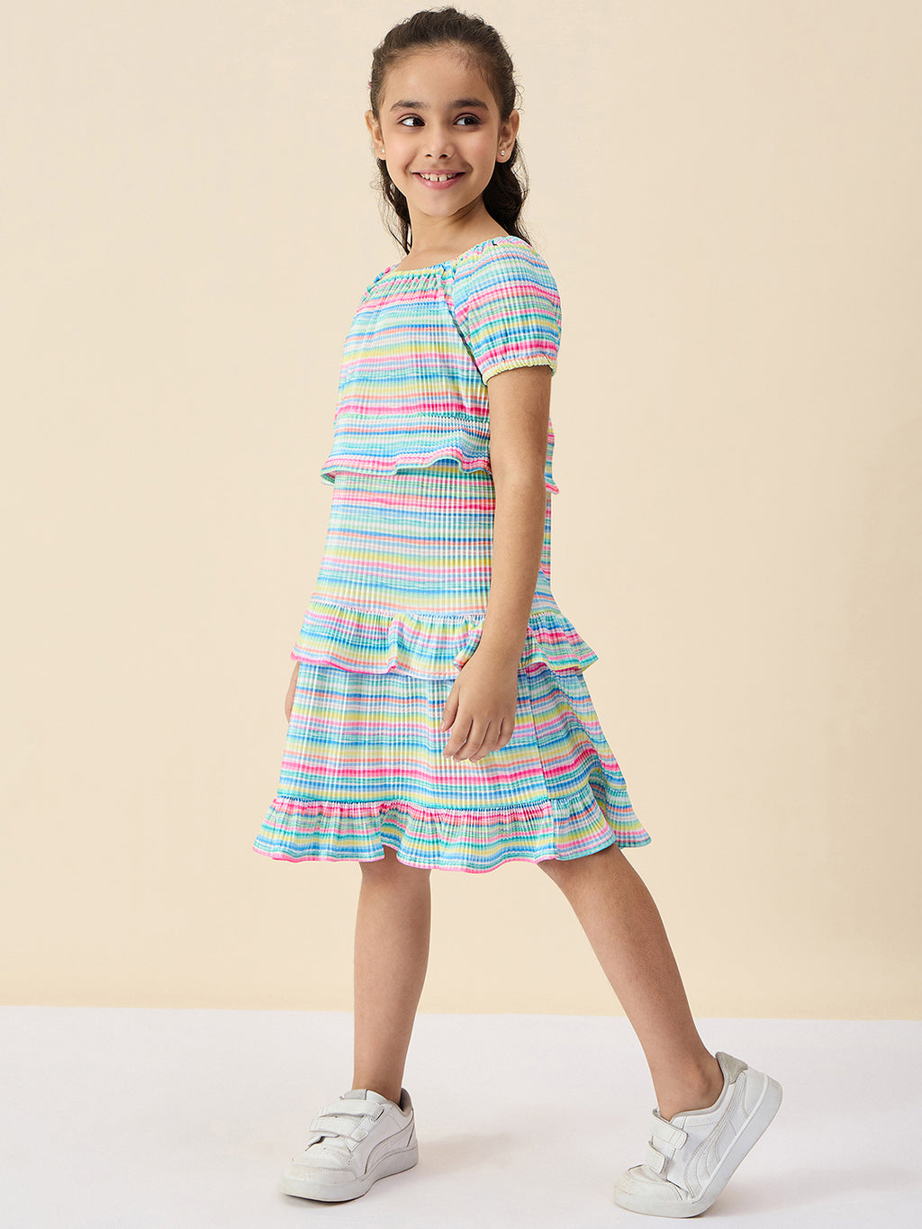 Girls Knee Length All over Print Dress - Multi
