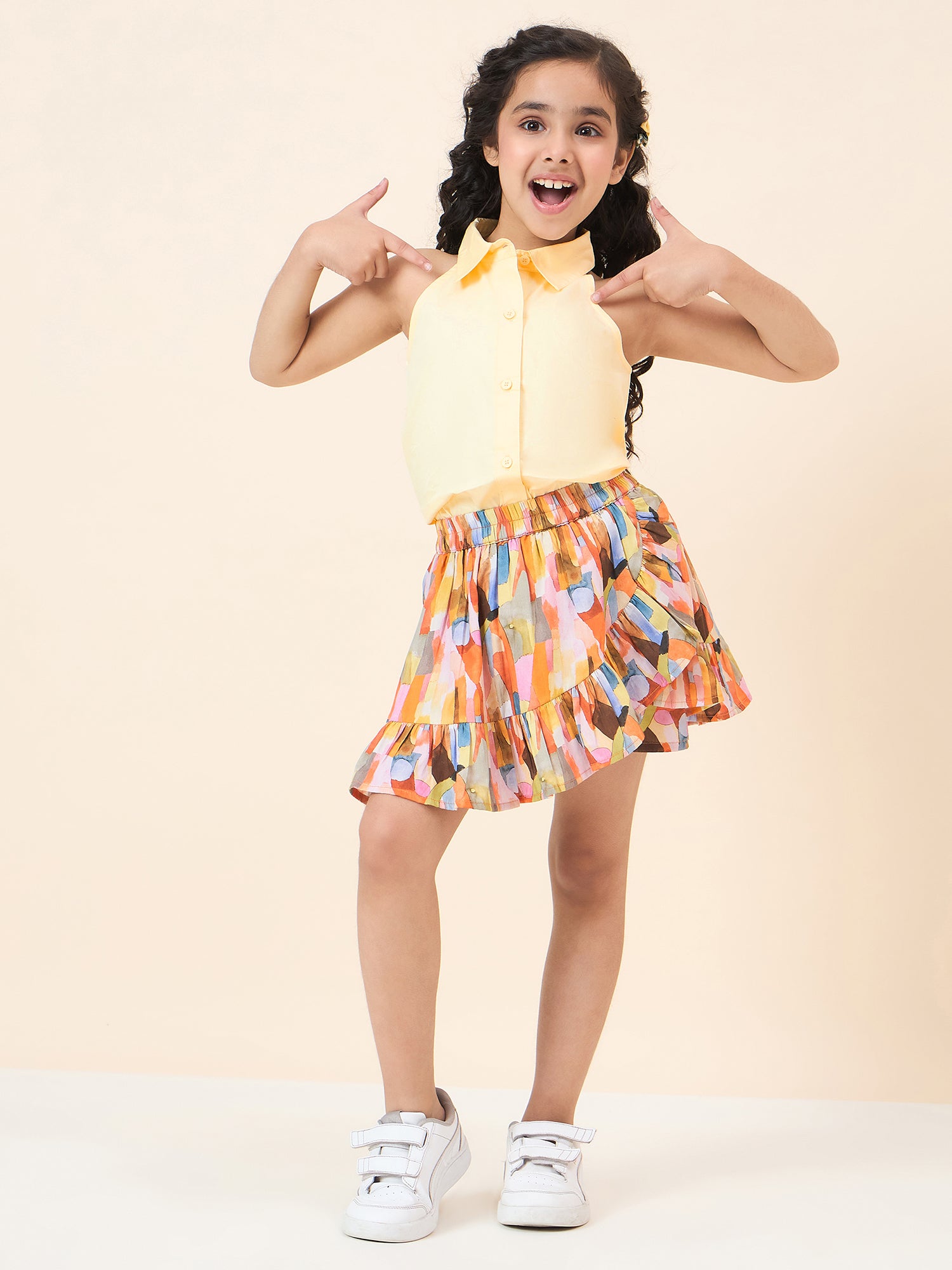 Girls Above Knee All over Print Top with Skorts - Yellow