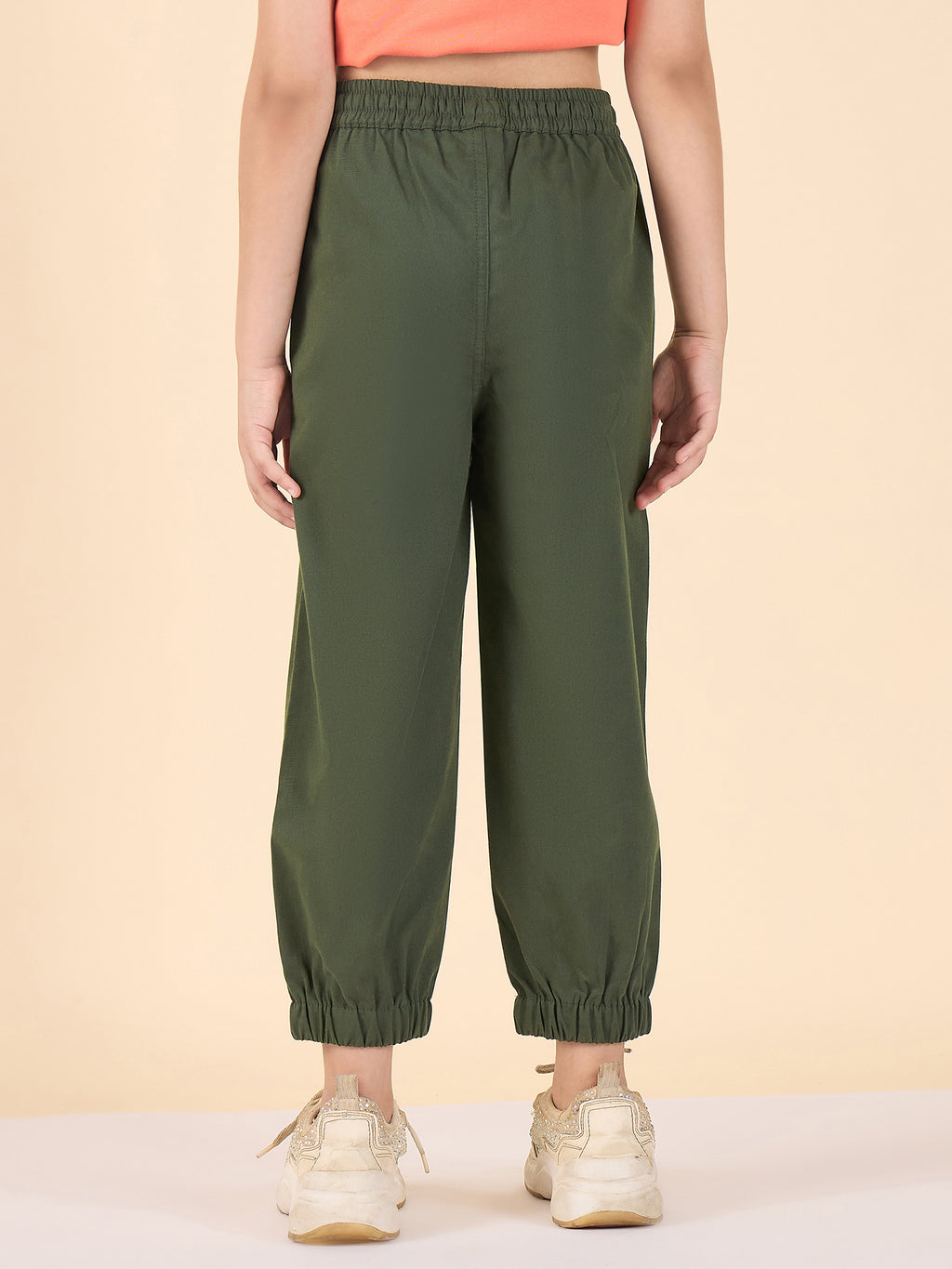 Girls Ankle Length Solid Cargo Pants - Green