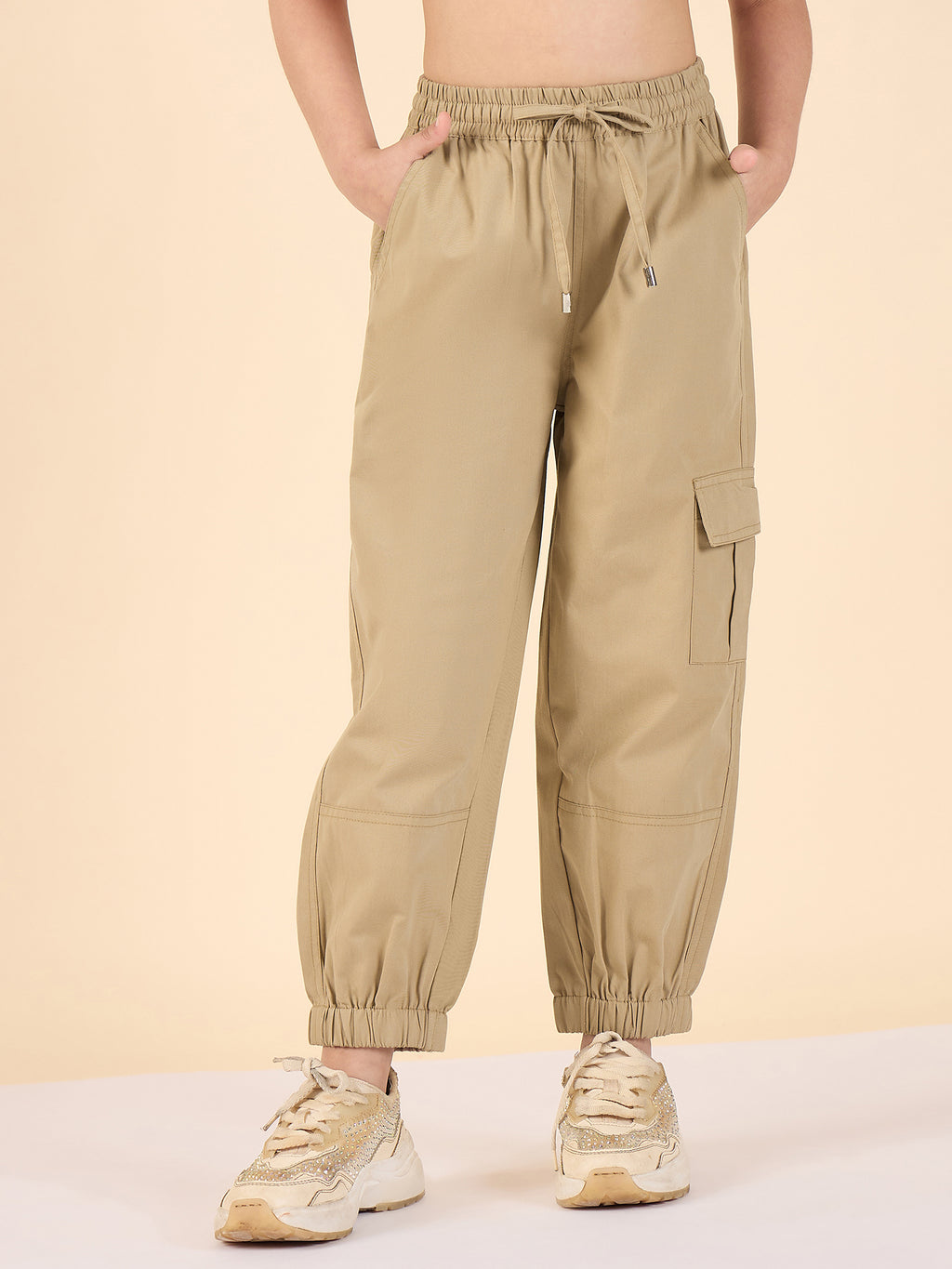 Girls Ankle Length Solid Cargo Pants - Beige