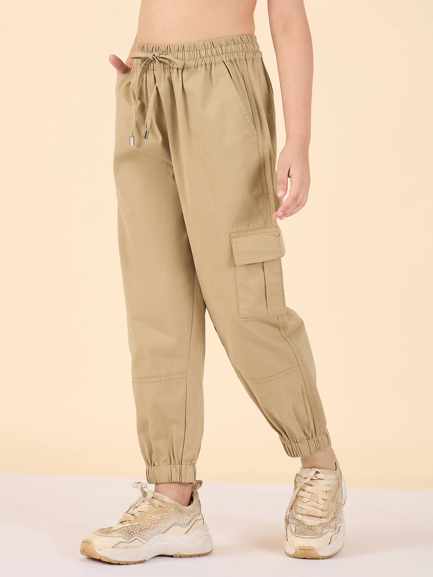 Girls Ankle Length Solid Cargo Pants - Beige