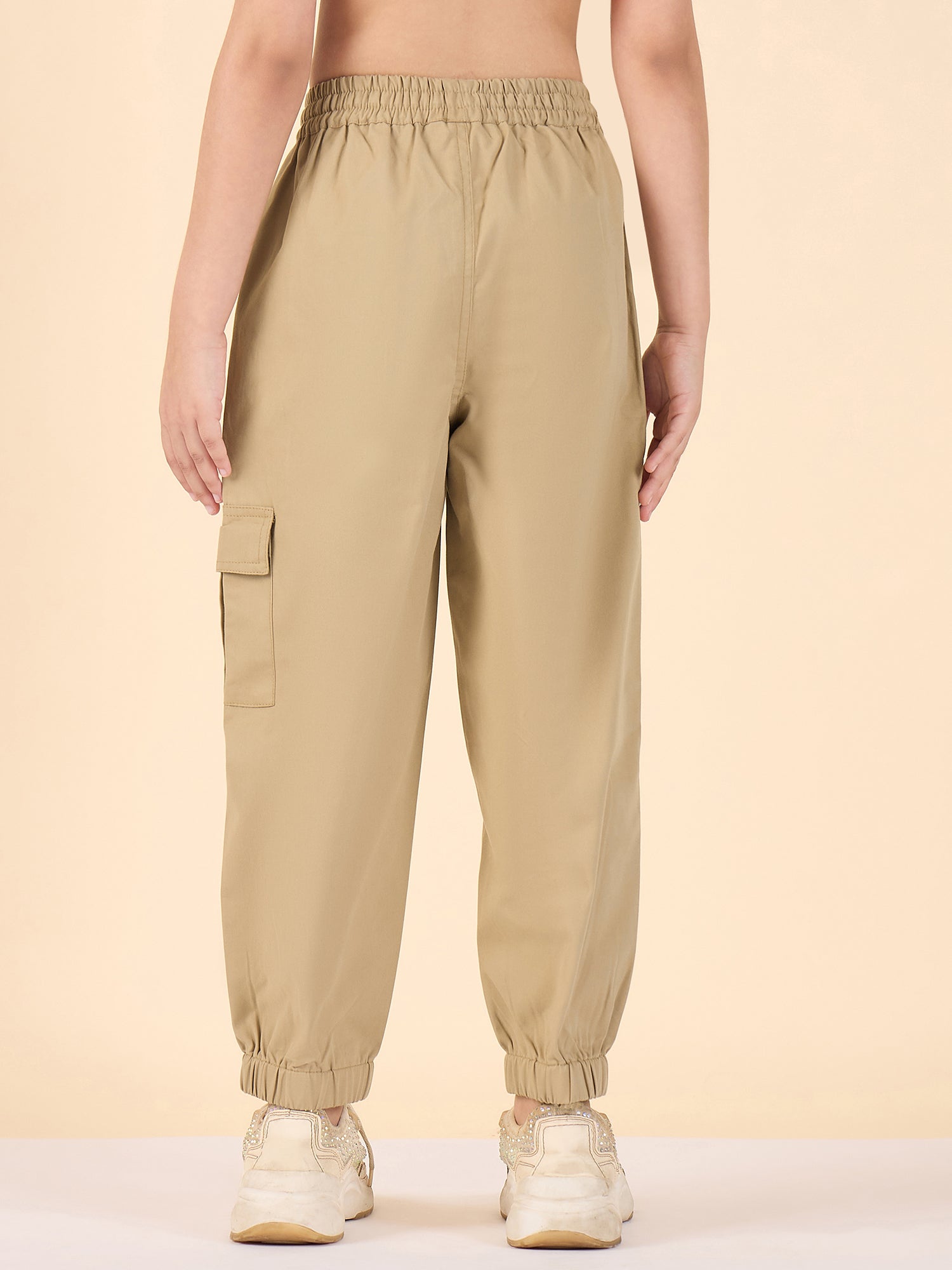 Girls Ankle Length Solid Cargo Pants - Beige