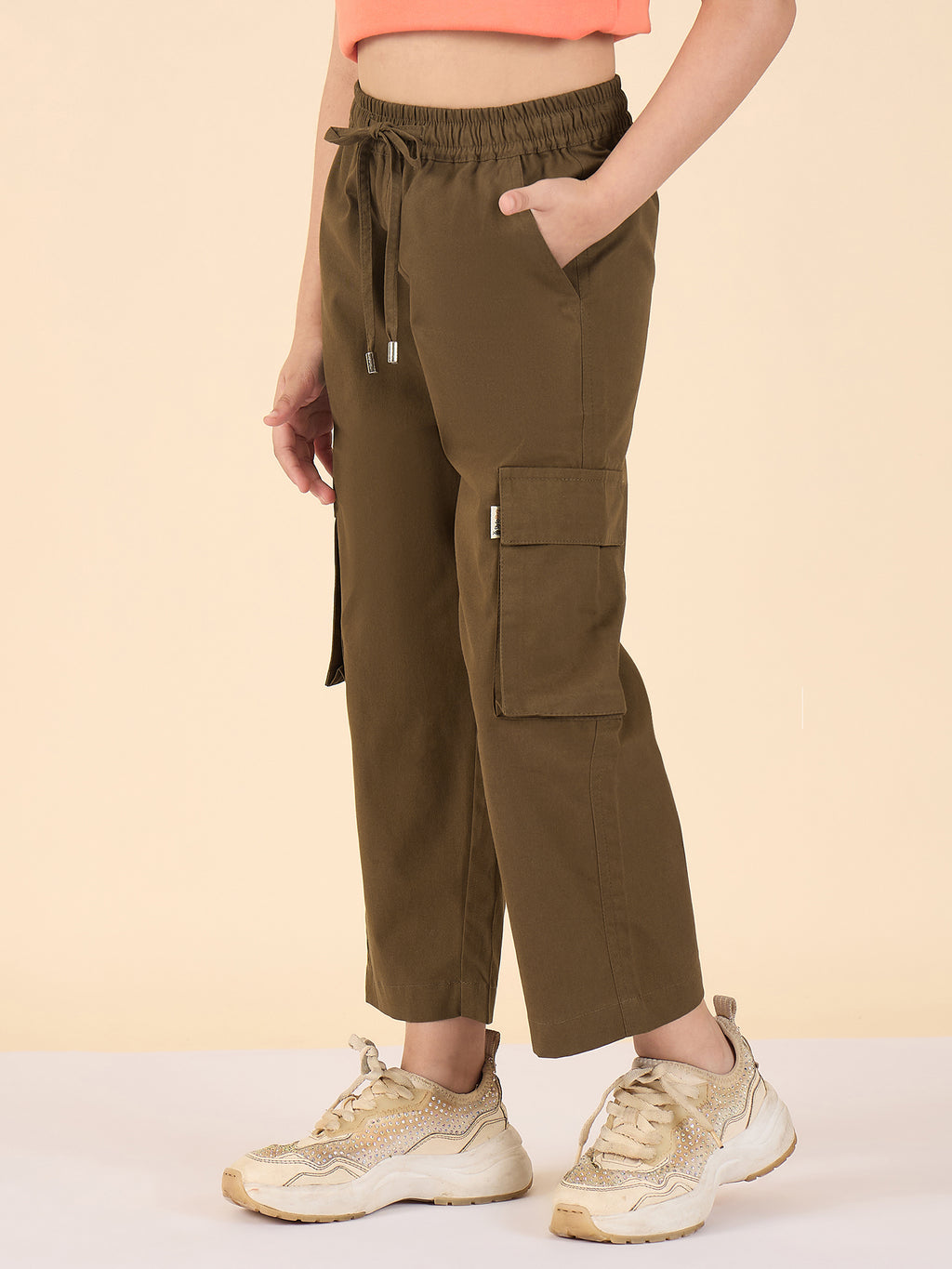 Girls Ankle Length Solid Cargo Pants - Brown