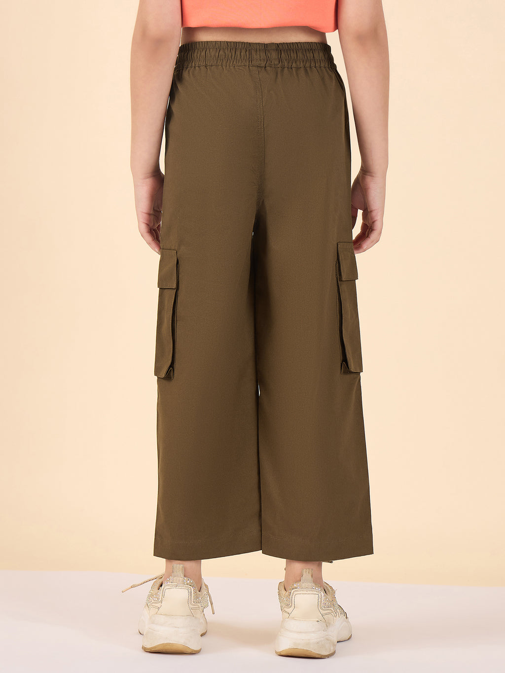 Girls Ankle Length Solid Cargo Pants - Brown