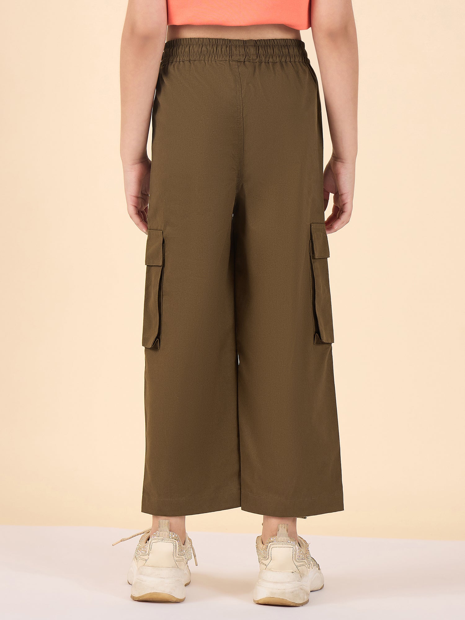 Girls Ankle Length Solid Cargo Pants - Brown